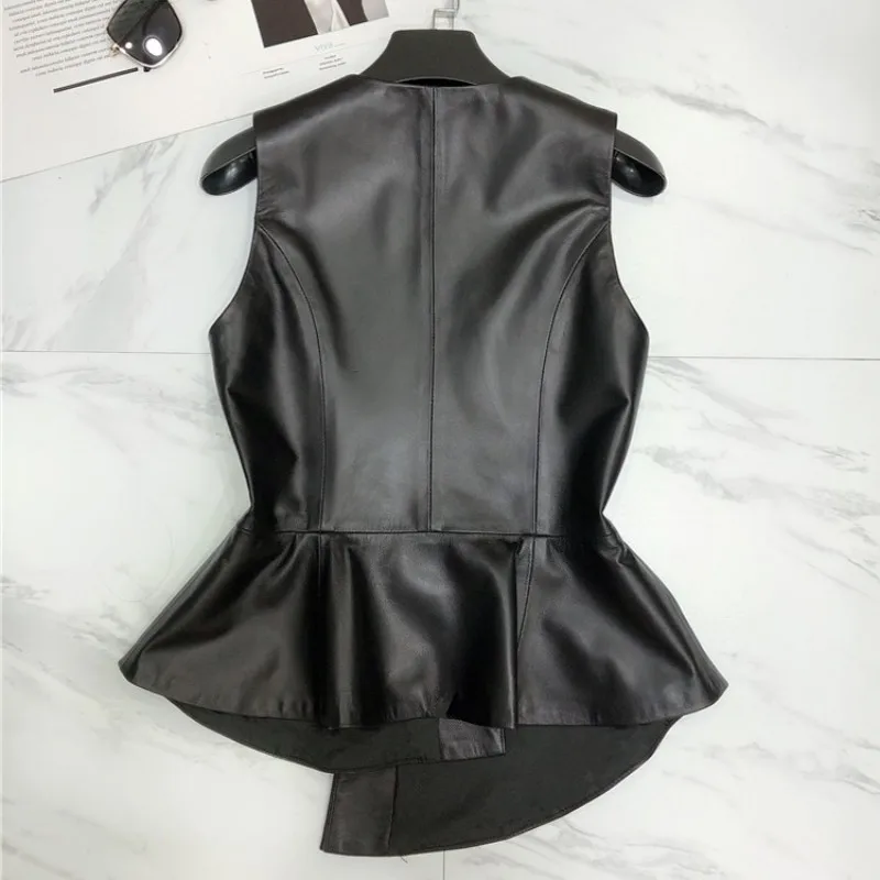 Designer OL 100% Genuine Leather Vest Women Slim Double Breasted Short Waistcoat V-Neck Party Lady Sheepskin Sleeveless Jacket