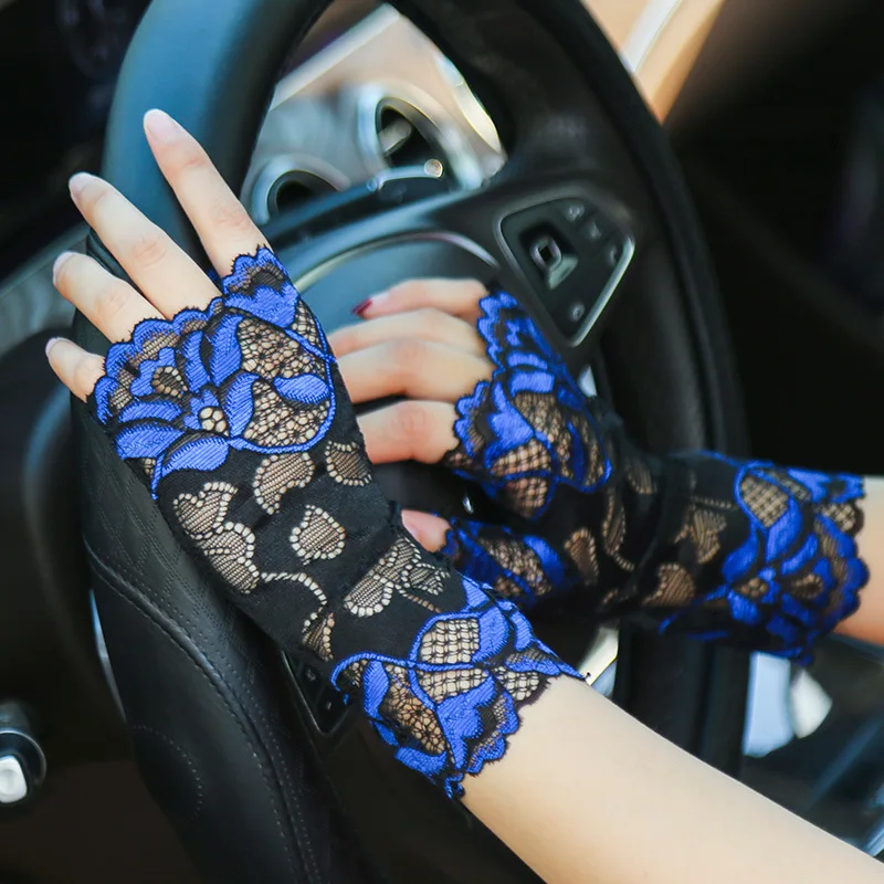 Summer Sexy Hollow Lace Sunscreen Flower Breathable High Elasticity Drive Cycling Etiquette Thin Half Finger Mittens Gloves