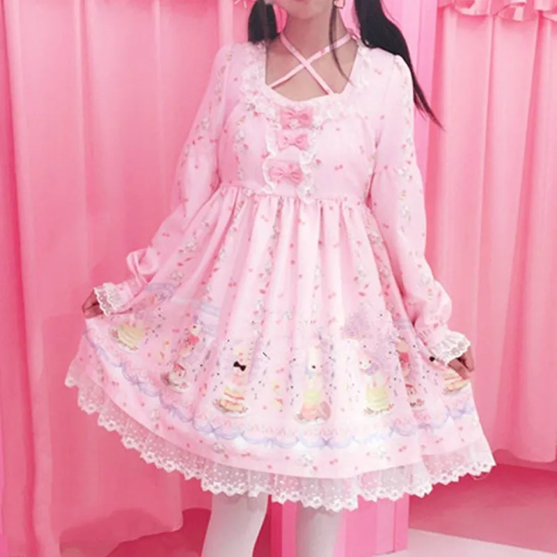 Abito vittoriano con fasciatura stampa carina kawaii girl gothic lolita op princess loli abito dolce giapponese lolita bowknot in pizzo retrò