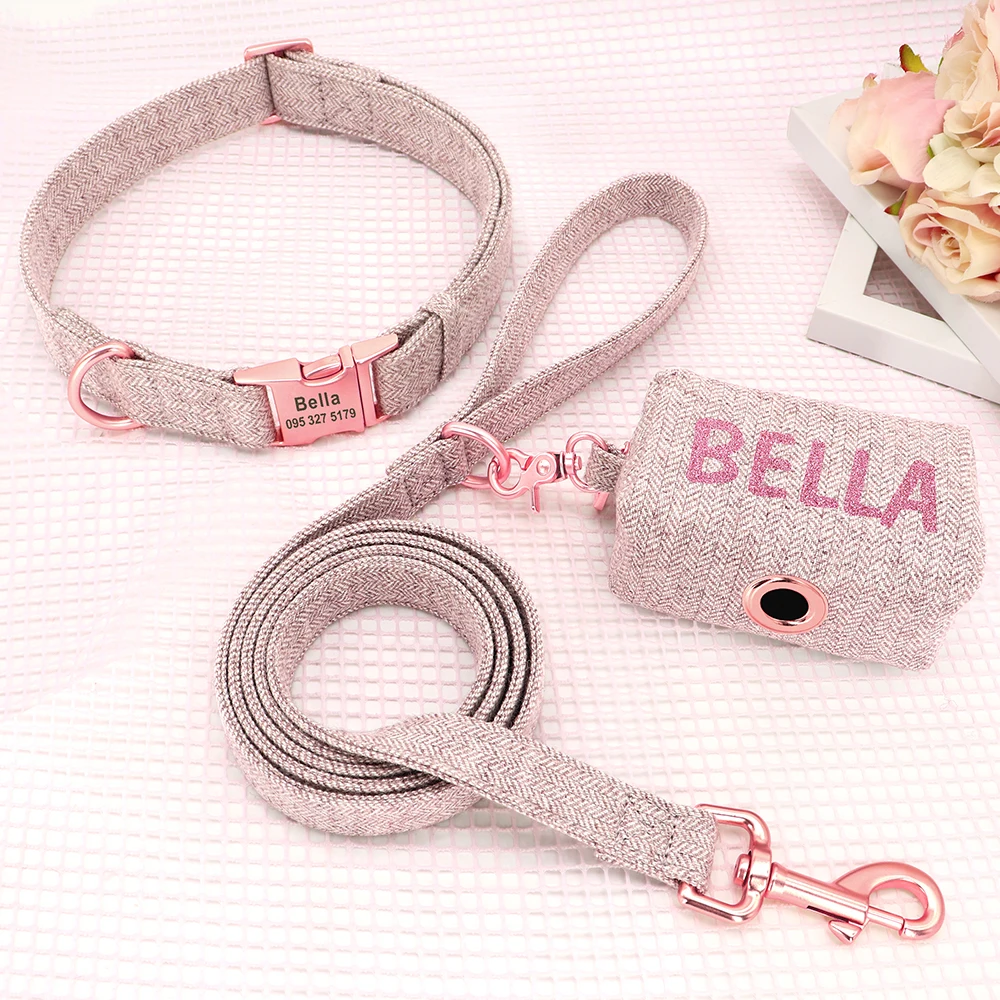 Personalized Dog Collar Leash Set Custom Pet Poop Bag For Small Medium Large Dogs Outdoor Puppy Garbage Bags Pet Supplies Pug