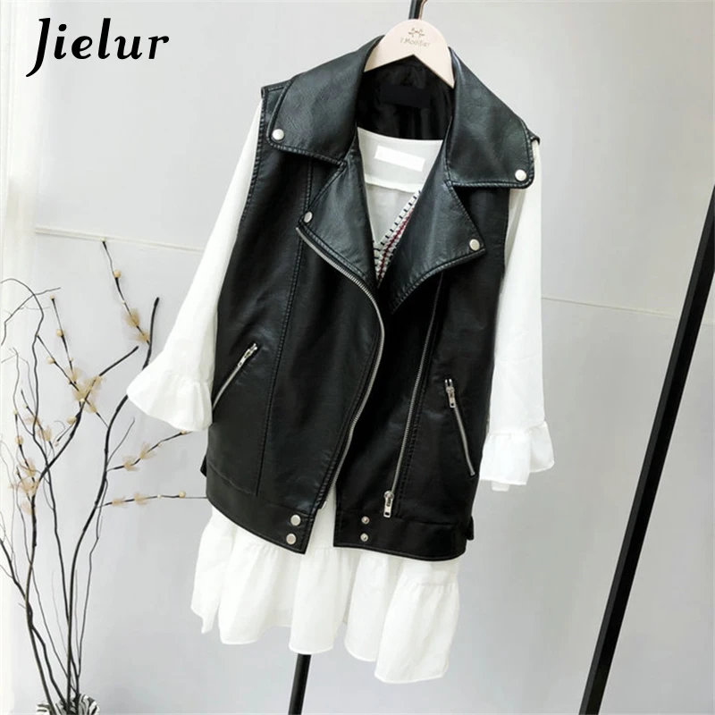 Jielur 2021 Women Leather Vest Black Chicly Mujer Coat High Street Vintage Leather Clothing Autumn Winter Coat Vest Zipper M-L