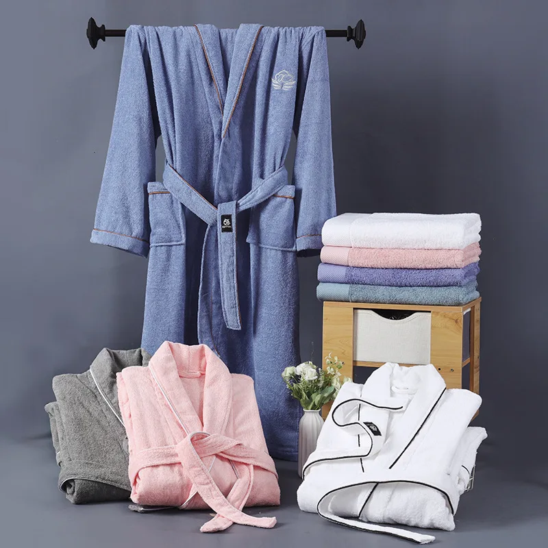 Star Hotel-bata de baño de algodón 100% para mujer, Kimono cálido de talla grande, bata larga de felpa para novia y hombre, ropa de dormir para invierno