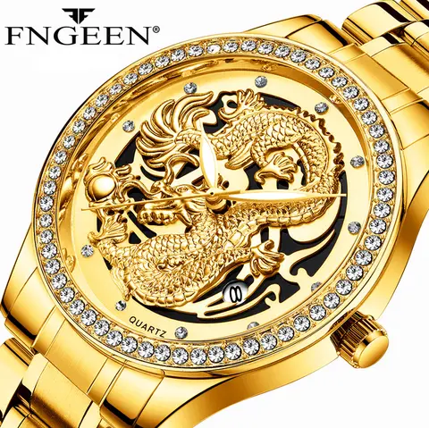 Mens Watches Top Luxury Fashion Dragon Golden Quartz Watch Diamond Dial Waterproof Stainless Steel Clock Male Relogio Masculin