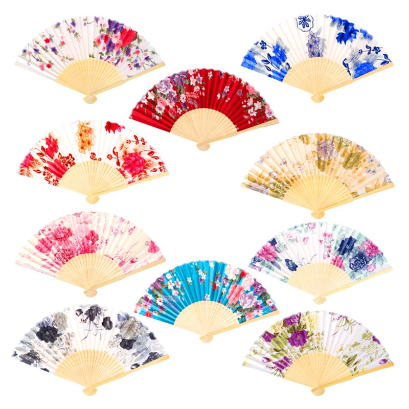 Abanico de seda de estilo japonés chino, abanico plegable de bambú Vintage, regalos de Arte de boda, baile, flores