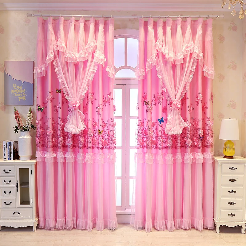 

Princess Blackout Curtains for Kids Girls Bedroom, Double Layers 3D Floral Lace Window Drapes, Wedding Home Decoration Fabric