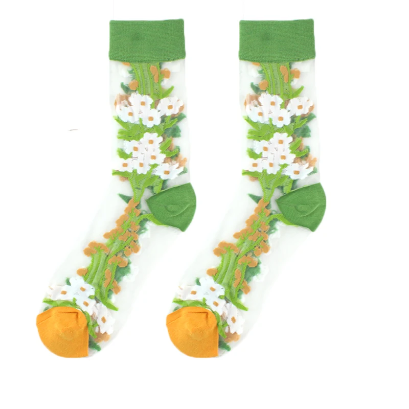 France Hipster Design Glass Silk Floral Bird Funny Socks Women Transparent Streetwear Art Sokken Jacquard Calcetines Divertidos