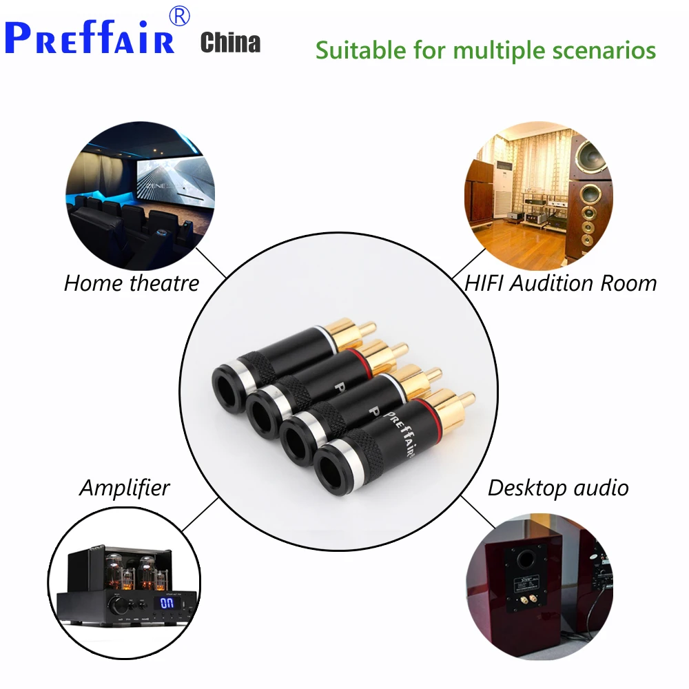 Praffair-R1764 RCA 플러그 금 도금 남성 더블 자동 잠금 로터스 와이어 커넥터, 오디오 어댑터, 4 개입