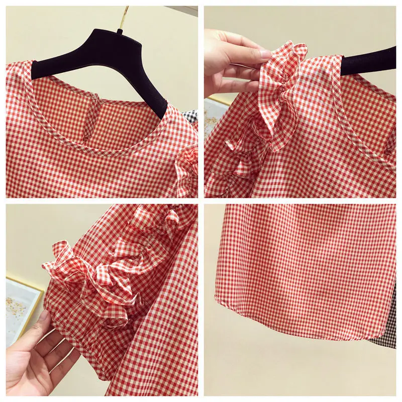 Plaid chiffon shirt women\'s short-sleeved ruffled summer 2023 new French style sweet blouse