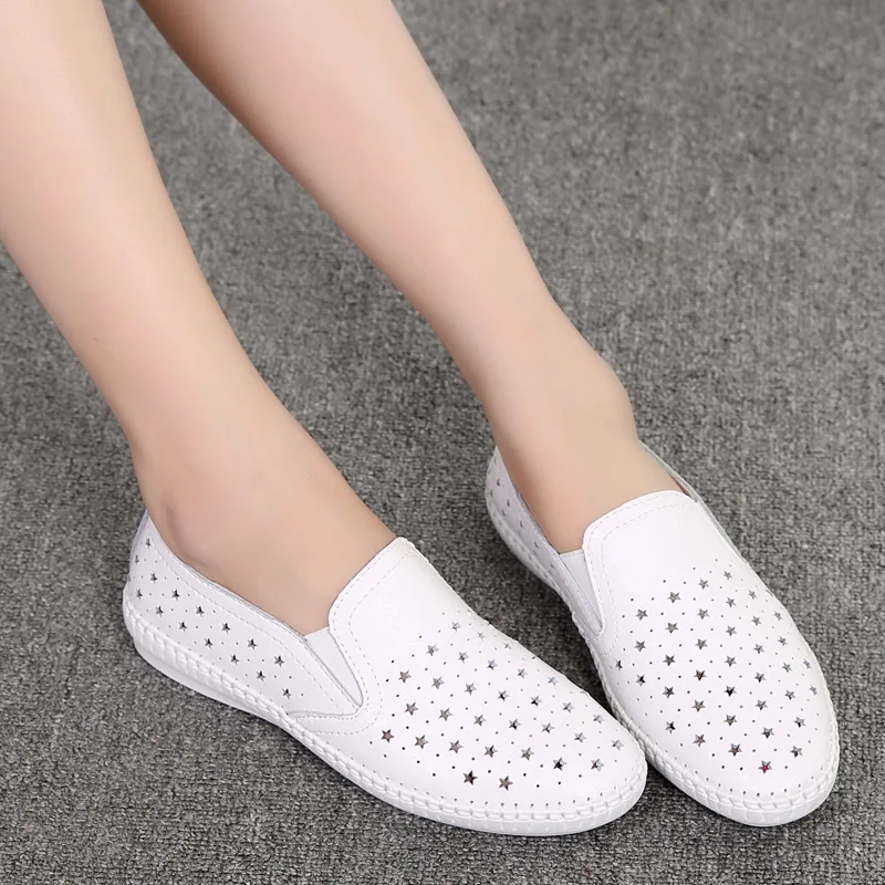 Spring Women Casual Flat Shoes Genuine Leather Ballet Flats Shoes Ladies Cut Out Slip On Brand Loafers Boat Shoes 56ty