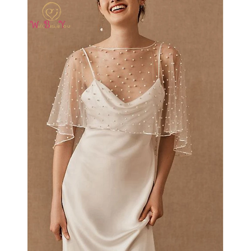 Perła ślubna Bolero tiulowa bluzka zawiązywana okładka Bridal wzruszając ramionami kobiety biała kość słoniowa Cape Bride Jacket dodatki na imprezę Stock