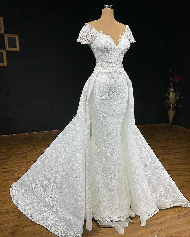 Luxury Lace Applique Wedding Dresses with Detachable Train 2021 Jewel Neck Mermaid Trumpet Princess Bridal Gown Robe De Mariée