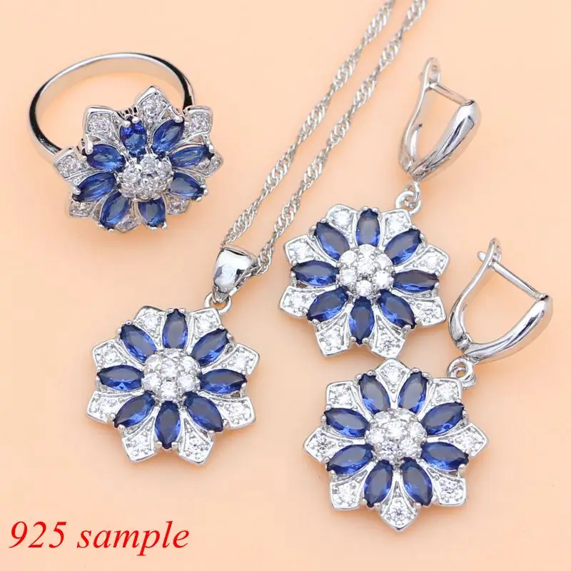 Blue sapphire WhiteTopaz 925 Silver Jewelry Sets For Women Party Earrings/Pendant/Necklace/Rings/Bracelet Dropshipping