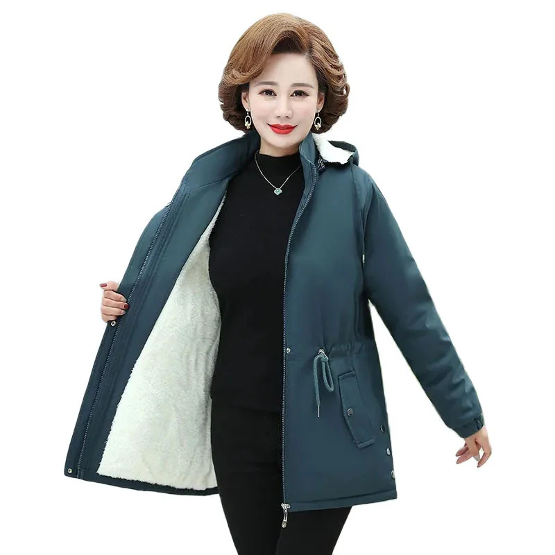 

2022 New Autumn Winter Down cotton Hooded Jacket Women Middle-aged Mother velvet Thicken Warm Parkas Outerwear Female Overcoats