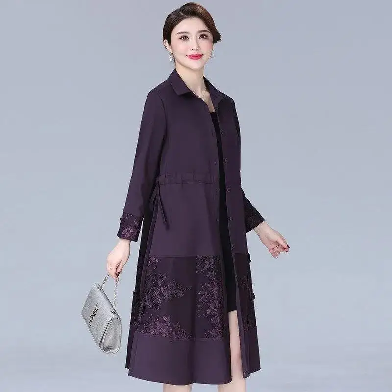 Embroidered Spring Autumn Windbreaker Women 3XL New Mid-Length Elegant Trench Coat Female Single-Breasted Outerwear