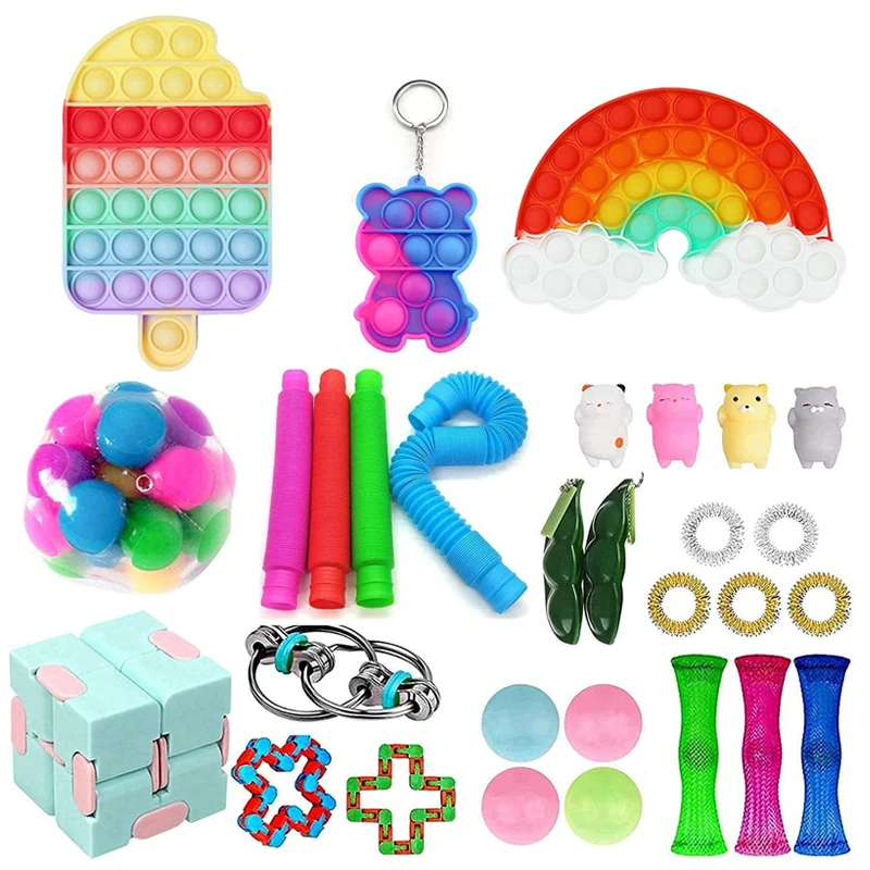 

30pcs Fidget Toys Set Bubble Squishy Toy Anxiety Stress Relief Rainbow Shape Simple Dimple Toy Squeeze Ball Autism Need for Kids