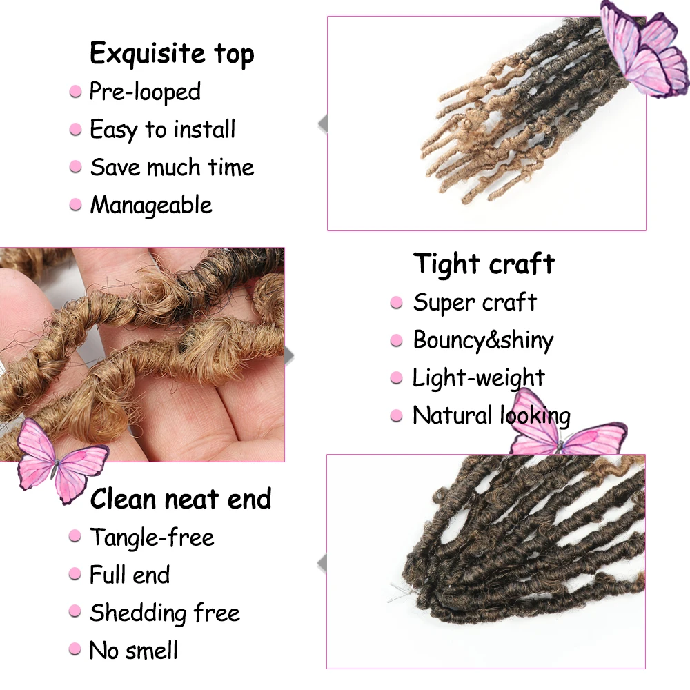 Natifah Braiding Hair Synthetic Butterfly Locs Crochet Hair Extensions Faux Locs Curly 10 Inch 90g Wholesale Bug Color Fake Hair