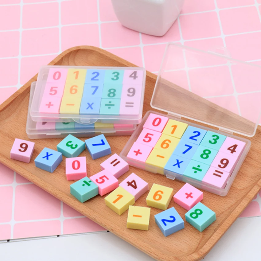 15pcs/set Cute Digital Arithmetic Symbol Plastic Box Set Erasers Rubber Pencil Erasable Tool Reward Stationery Gifts