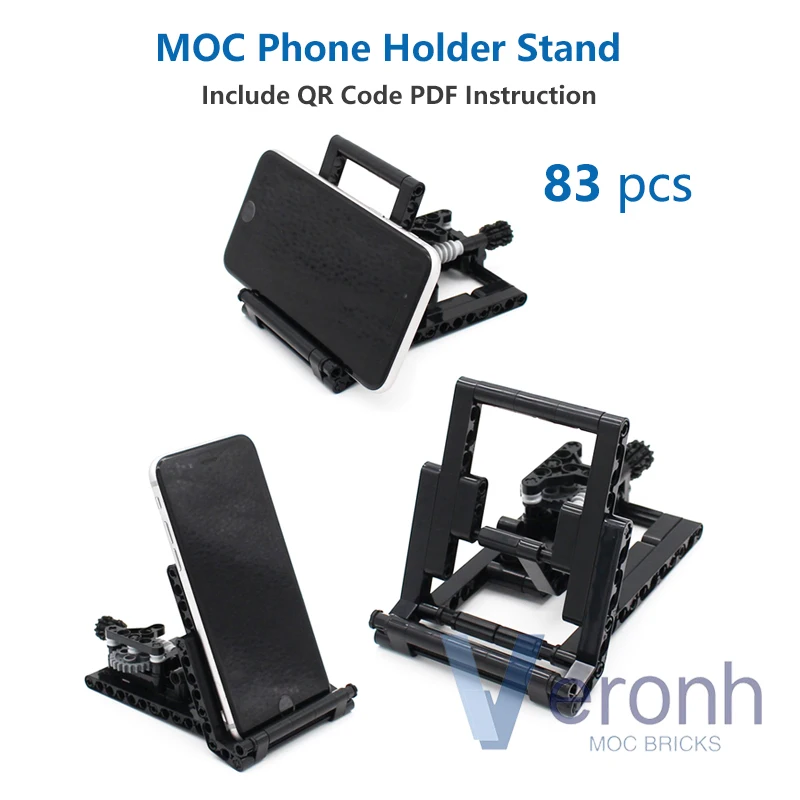 New 83 Pcs MOC High-tech Gear Set Phone Holder Building Blocks Kit Adjustable Desk Bracket Smartphone Stand Bricks Toys