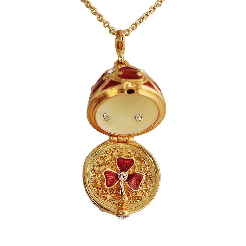 Vintage Enamel Faberge Style Easter Egg Pendant,18K Gold Plated Necklace Jewelry Locket Crystal Clover Gift for Women Girls