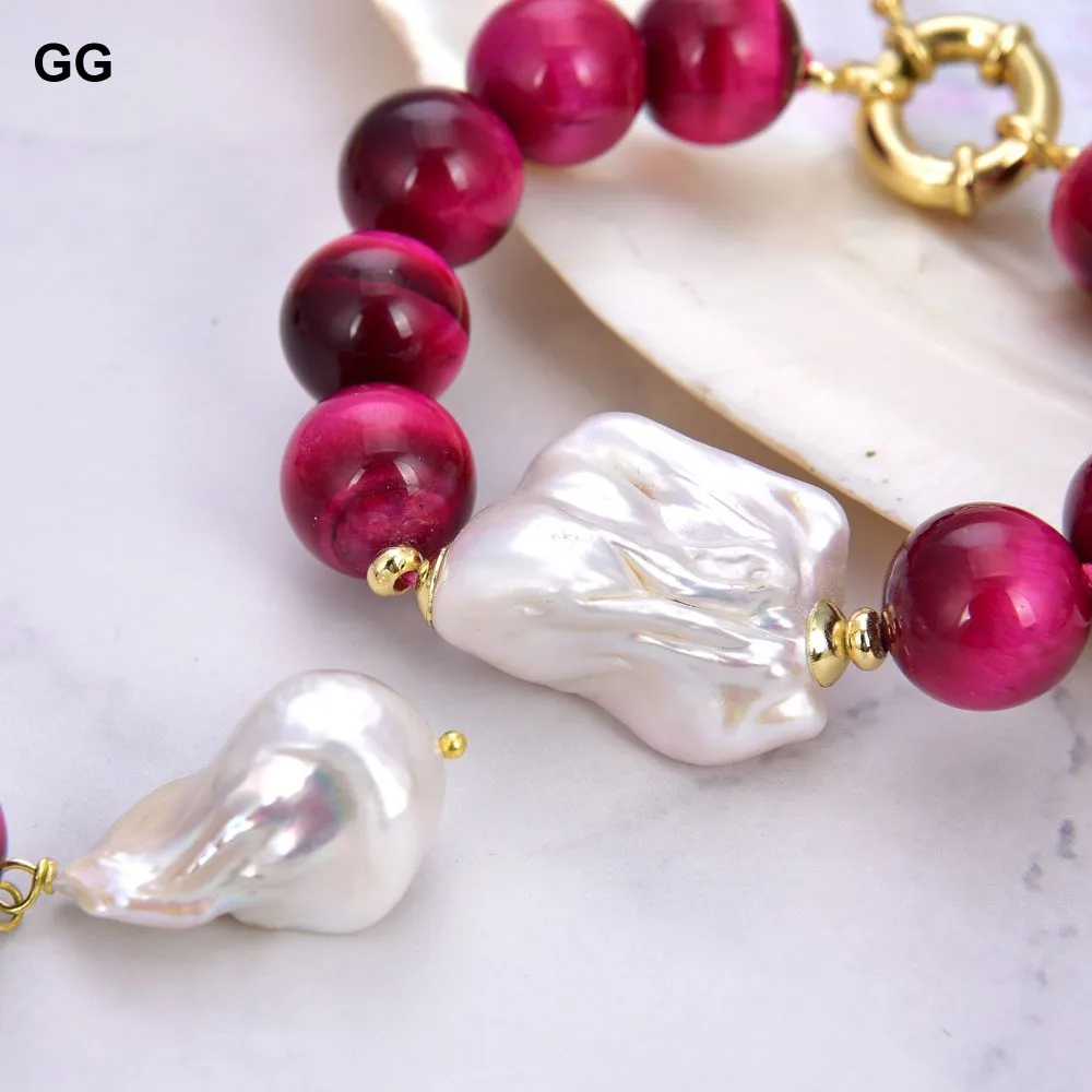 GuaiGuai Jewelry Cultured White Keshi Pearl 14mm Fuchsia Tiger Eye Bracelet Dangle Hook Earrings Sets