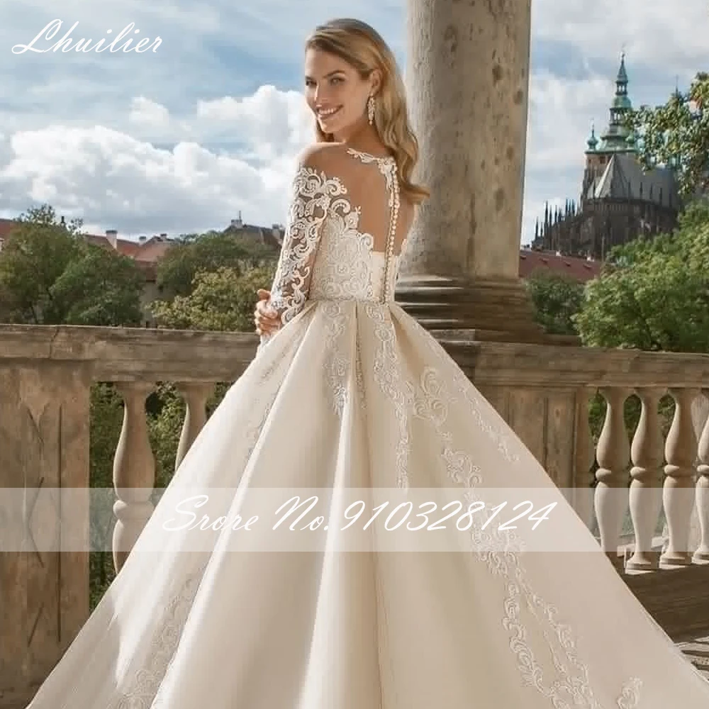 Vestido de noiva feminino linha a, elegante, apliques para casamento, manga comprida, cauda longa, com contas