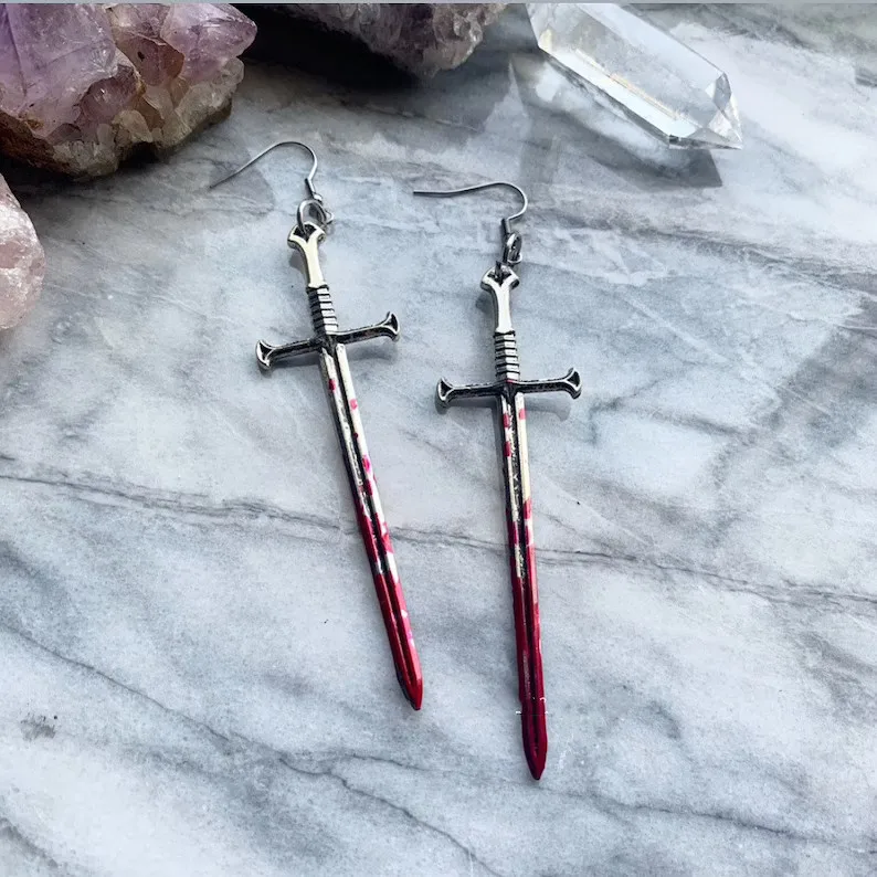 Goth Blood Sword Earrings Ring Sword Earrings Classic Eardrop Big Sword Statement Mystical Classical Jewellery Women Gift