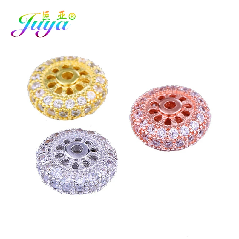 

Juya DIY Charm Beads Supplies Micro Pave Zircon 11mm Metal Spacer Beads For Handmade Natural Stone Beadwork Beads Jewelry Making