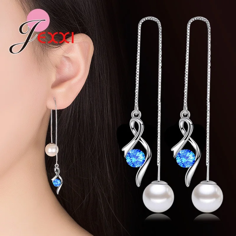 High Quality 925 Sterling Silver Pearl Earrings Long Tassel Shiny Cubic Zirconia Pendant Romantic Earrings For Sale