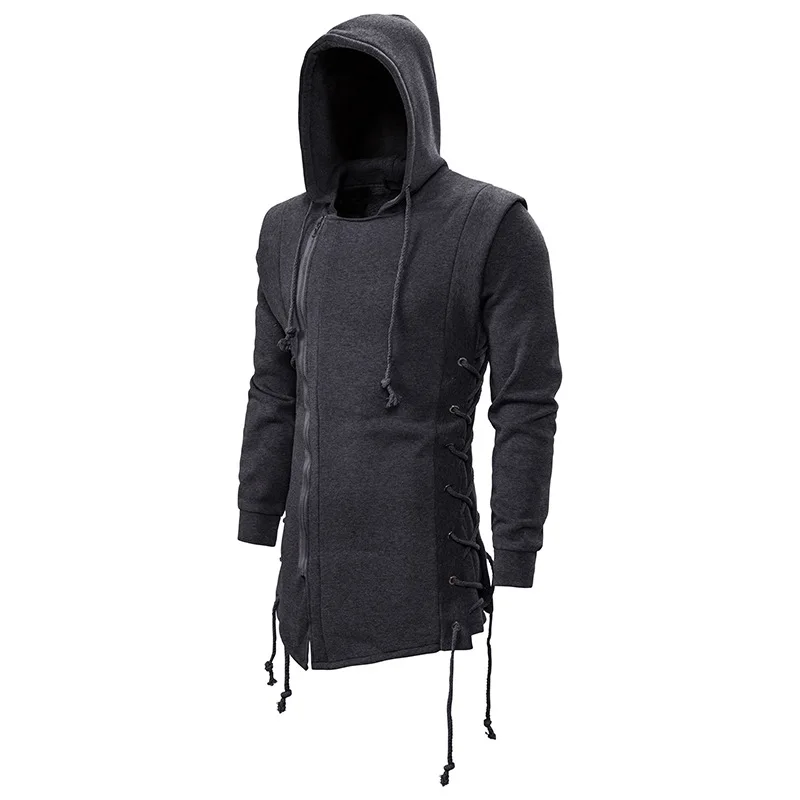 

Hoodies men Dark EU size M-XXL Sweatercoat Zipper Hooded Loose Coat with Side Lashing Crossed Sweatershirt long sleeve black