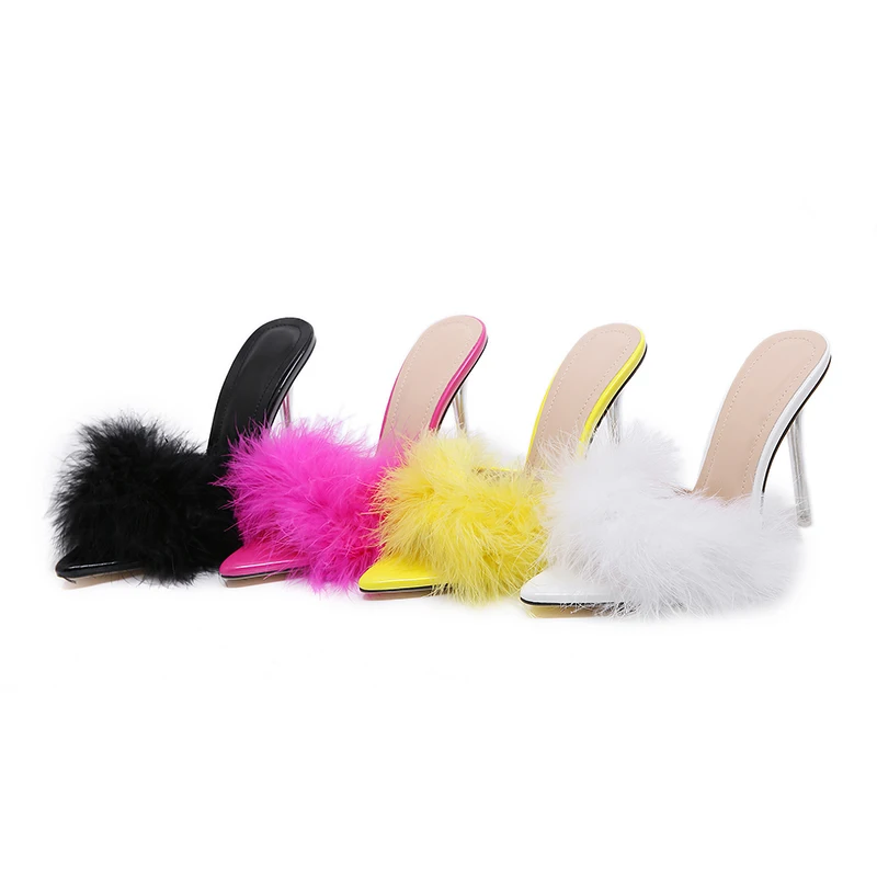 Kcenid Summer New Sexy Feather Woman Slippers Transparent Perspex High Heels Stiletto Peep Toe Mules Lady Slides Shoes Rose