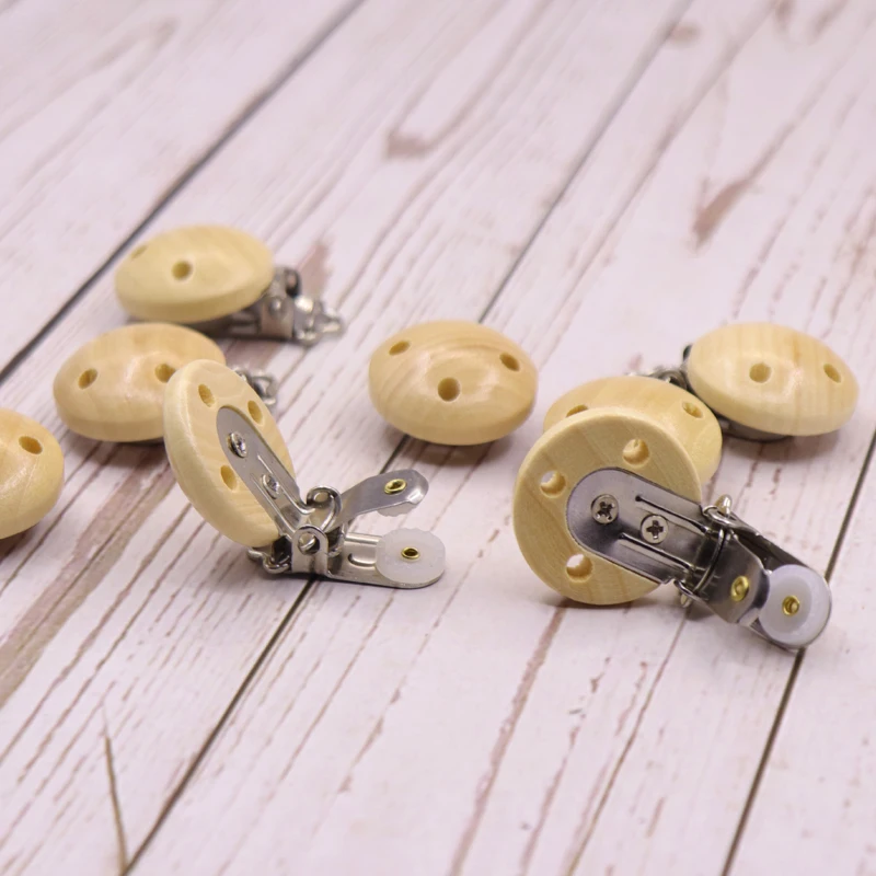 5pcs/Pack Round Metal Wooden Baby Pacifier Clips Solid Color Holders Cute Lnfant Round Soother Clasps Holders Accessories