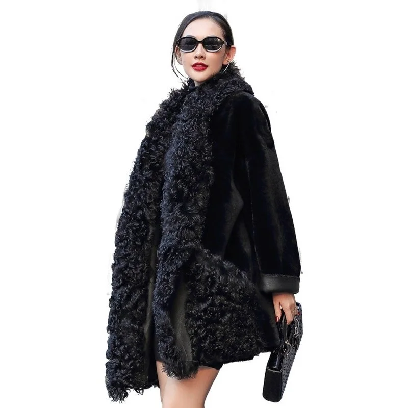 Shearling Short Real Fur Coat Women Winter New Office Lamb Fur Collar Jacket Luxury Elegant Black Thick Warm Fur Outerwear