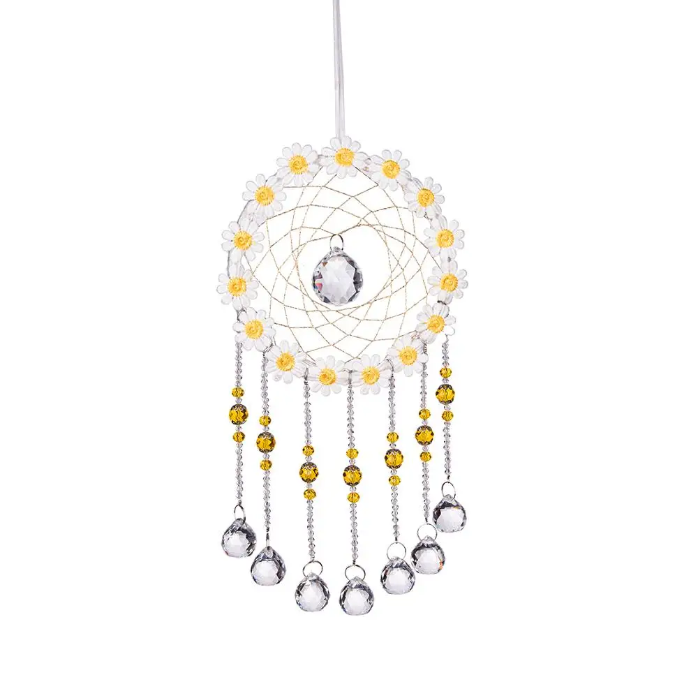 Feather Flower With Chandelier Crystal Ball Rainbow Hanging Decoration Suncatcher Ornaments For Garden High Qualiy