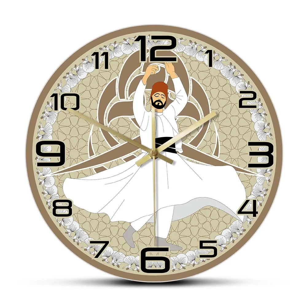 Whirling Dervish Sufi Religious Dance Silent Wall Clock Traditional Arabian Home Decor Mevlevi Mystical Dance Hanging Wall Watch