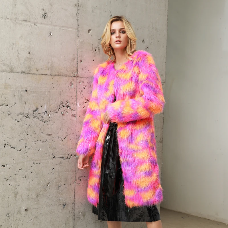 Women Faux Fur Jacket Multicolor Sparkling Long Sleeve Fourrure Femme Fluffy Hairy Warm Fake Fur Coat Winter Slim Outerwear