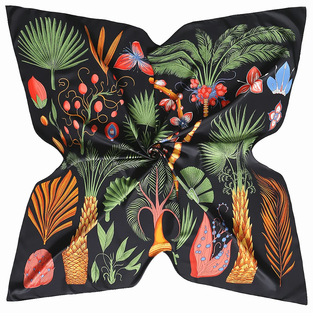 New Bandanna 130*130CM Palm Tree Print Luxury Brand Women\'s Scarf 100% Silk Square Scarf Big Handkerchief Sunscreen Pareo Beach