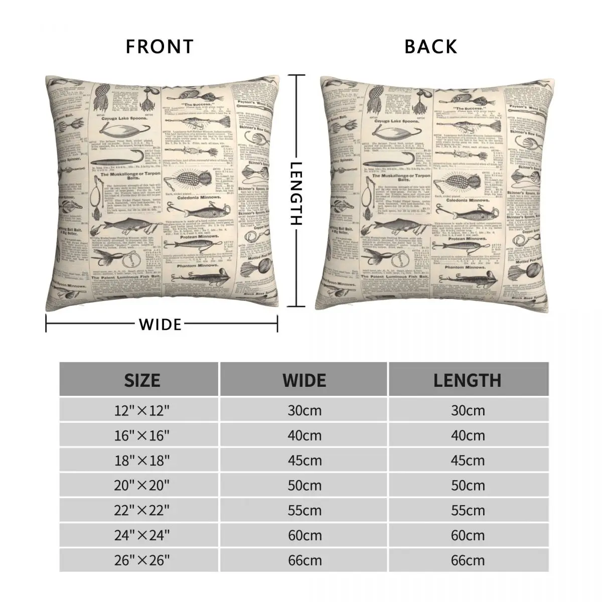 Fishing Lures Newsprint Antique Square Pillowcase Polyester Linen Velvet Creative Zip Decor Throw Pillow Case Sofa Cushion Cover