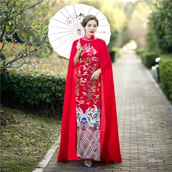 Novelty Clothes New Women Qipao With Cloak High Fork Retro Mandarin Collar Traditional Cheongsam Chinese Bride Wedding Dress