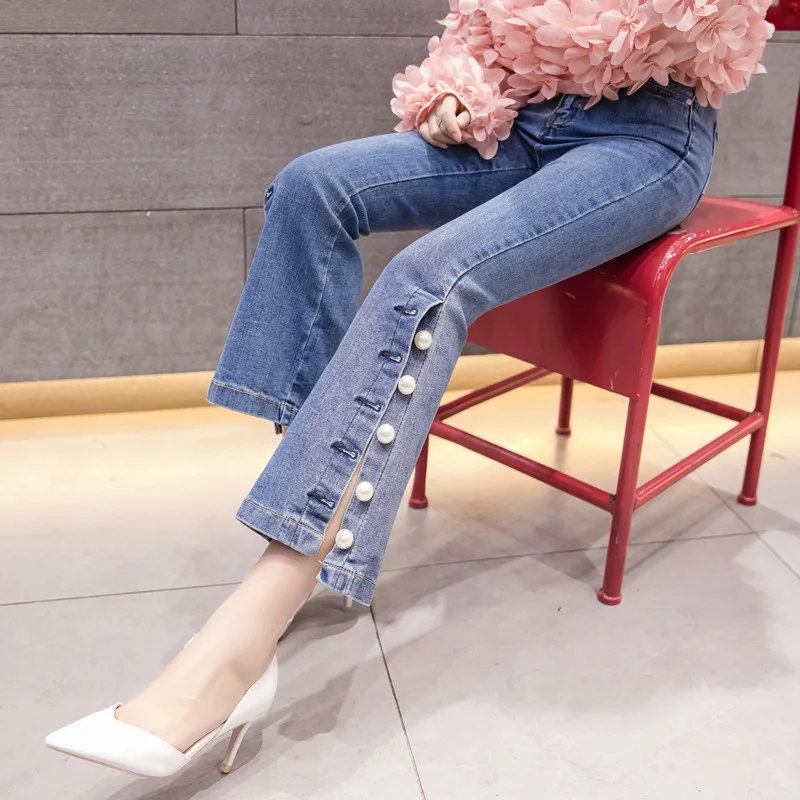 2020 Spring Summer Women Denim Pants New Fashion High Waisted Pearls Beaded Slim Stretch Split Jeans Trumpet Trouser S-XXL AH231