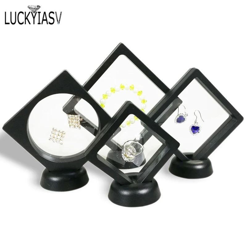 PET Membrane Floating Clear Arylic Jewelry Ring Pendant Display Stand Holder Bague Packaging Box Protect Case No Base