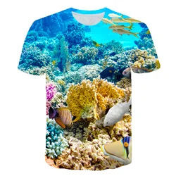 T-shirt manches courtes homme, décontracté, estival et estival, avec image du monde sous-marin, corail en 3D, à la mode, pour les vacances