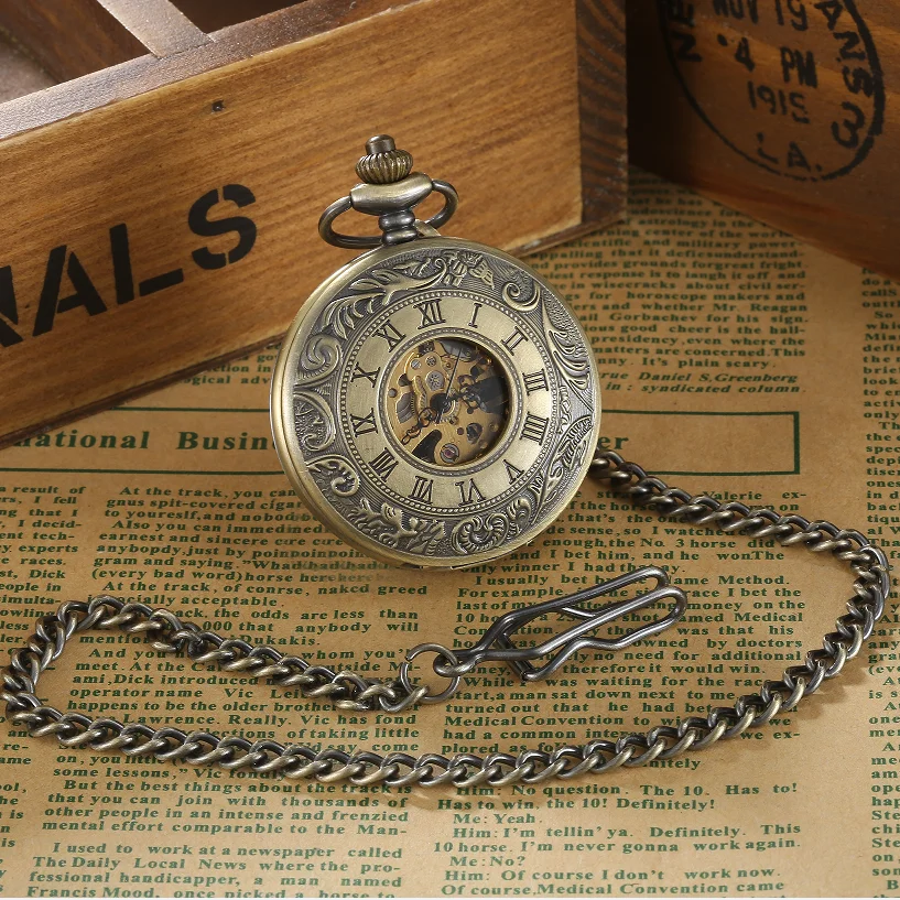 Vintage 2 Sides Open Case Mechanical Men's Watch Double Face Roman Dial Clock Hand Wind Pocket Watch With FOB Chain Gift