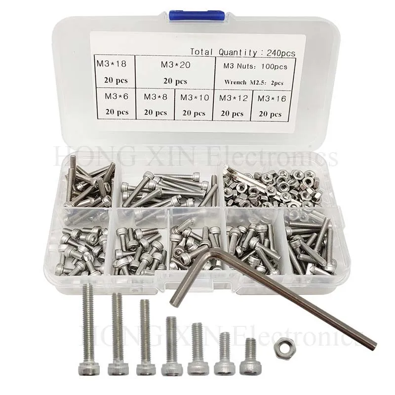 

240pc/set M3 Cap Head Stainless Steel Hex Socket Screws Bolt With Hex Nuts Assortment Kit Fasteners with Plastic Box screw bolt