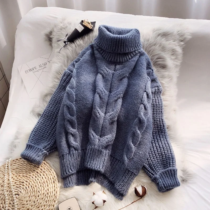 Winter Thick Coarse Yarn Turtleneck Women Knitted Sweater Pullovers Loose High Collar Long Sleeve Jumpers Ladies Knitting Tops