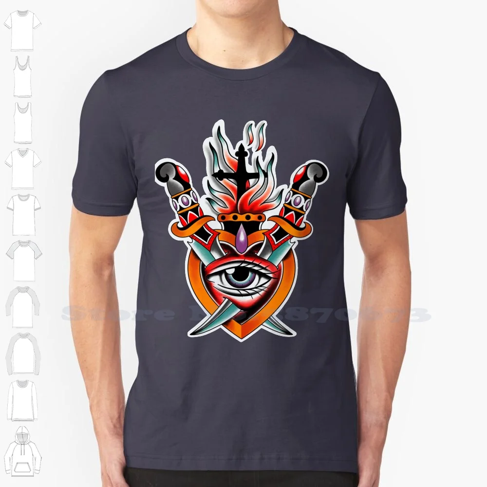 Heart Print 100% Cotton T-Shirt Colour Heart Fire Dagger Cuore Pugnali Tattoo Phonecase Eye