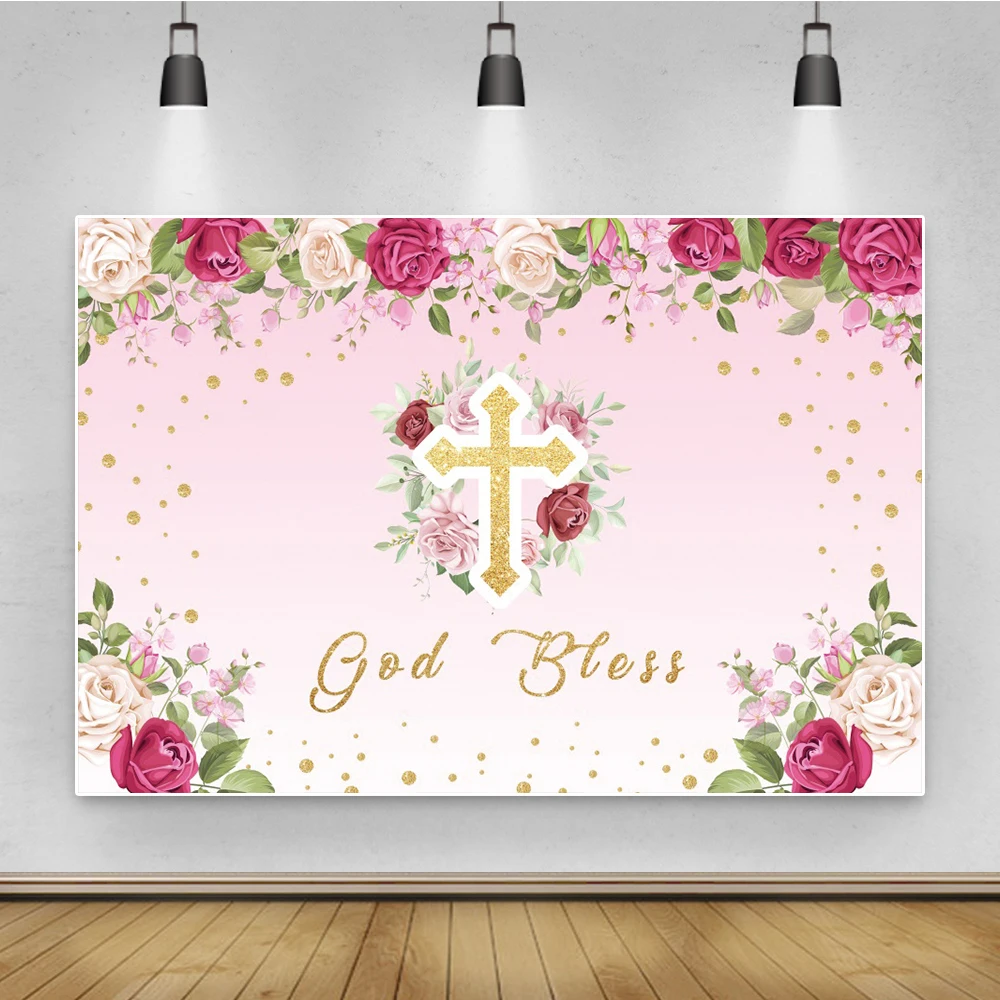 Laeacco Holy Communion Ceremony Poster Backdrop God Bless Christian Cross Blooms Flower Photo Backdrop Photography Background