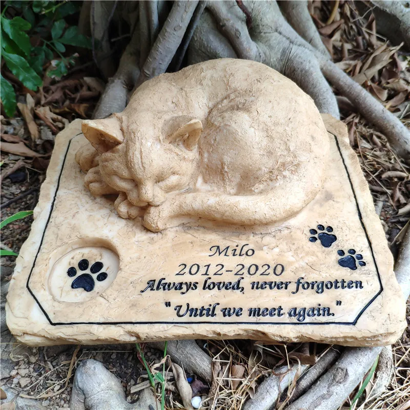 Personalizable Cat Memorial Stones with A 3-D Sleeping Cat On The Top Paw Print Memorial stone Pet Grave Markers Garden Stones