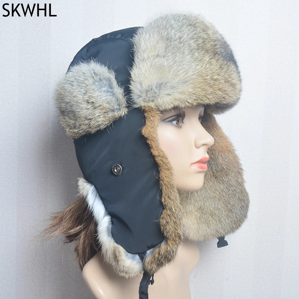 Outdoor Winter Warm Women Russian Ushanka Hat With Ear Flap Rabbit Fur Cap New Real Rabbit Fur Bomber Hats Hunter Hat Ski Hat