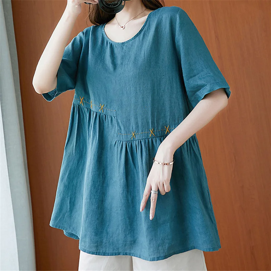 Summer shirt women 4XL big size round neck loose tunic tops type ladies Embroidery t-shirt new 2021