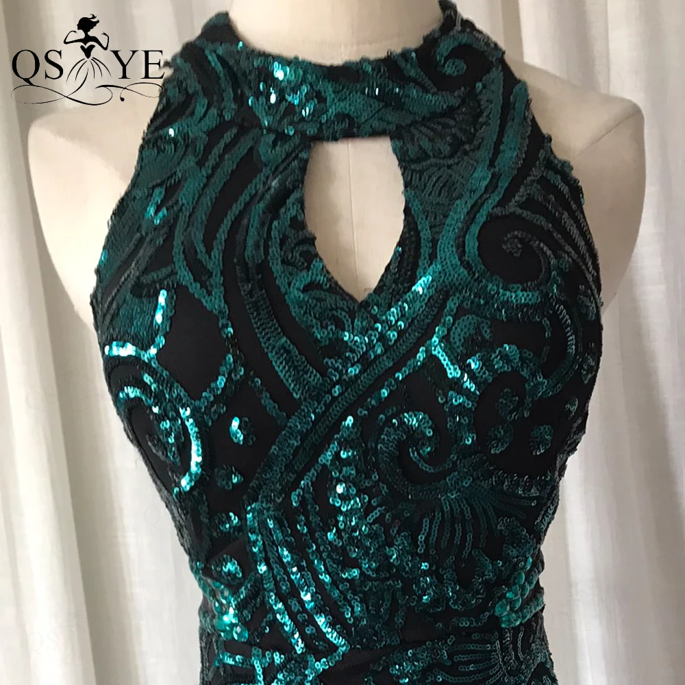 Green Evening Dress Halter KeyholeNeck Mermaid Long Evening Gown Elegant Glitter Sequin Pattern Formal Party Women Emerald Dress